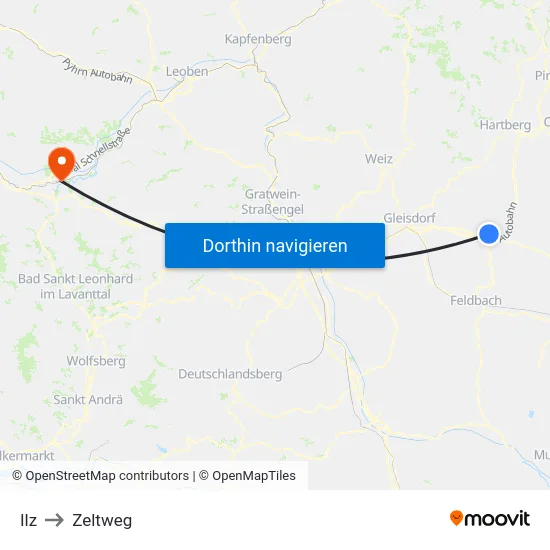 Ilz to Zeltweg map