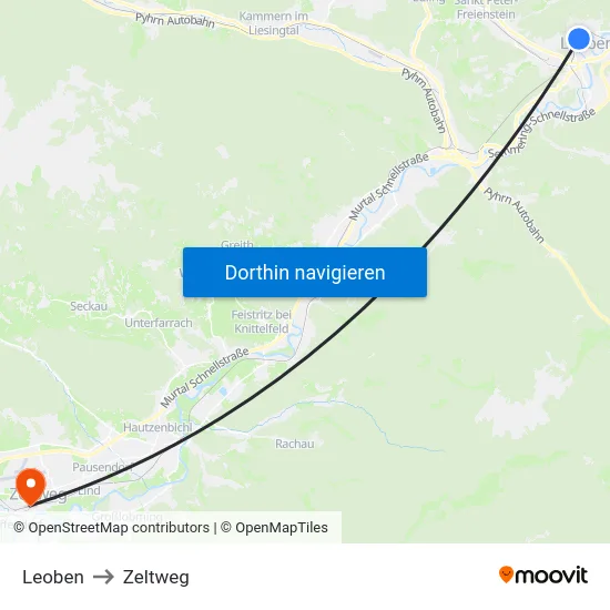 Leoben to Zeltweg map