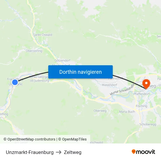 Unzmarkt-Frauenburg to Zeltweg map