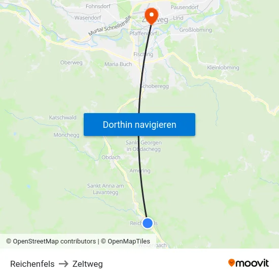 Reichenfels to Zeltweg map