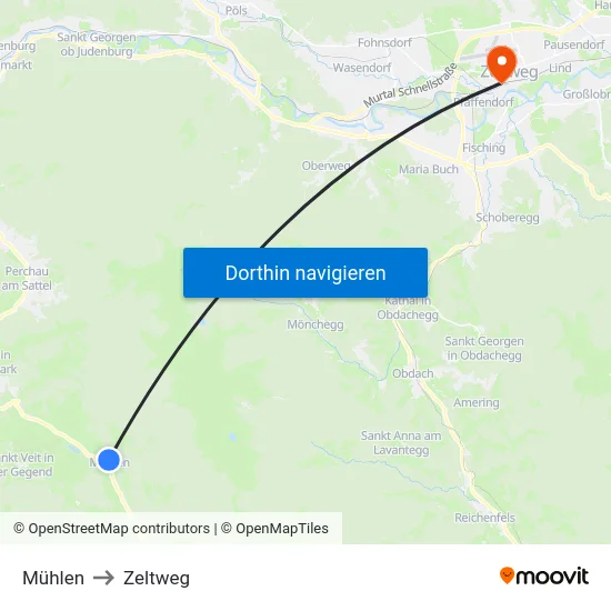 Mühlen to Zeltweg map