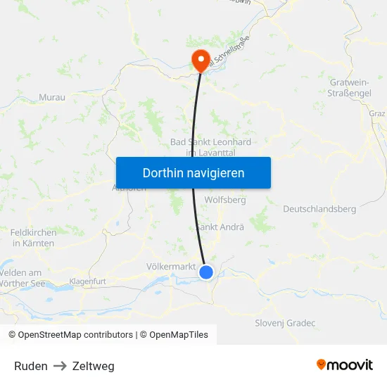 Ruden to Zeltweg map