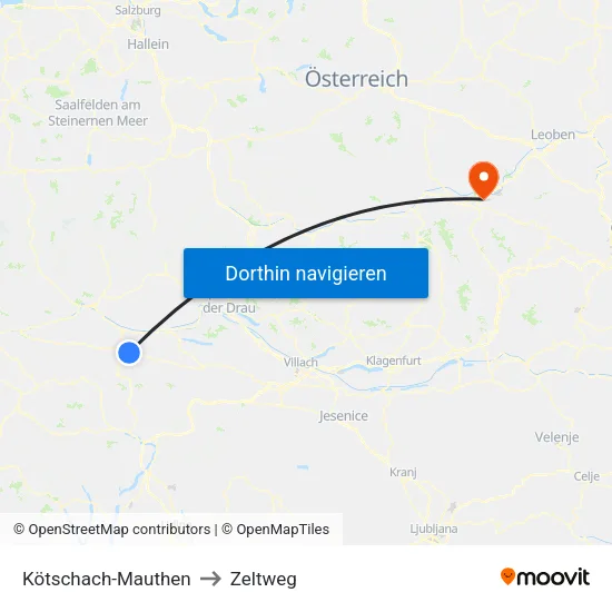 Kötschach-Mauthen to Zeltweg map