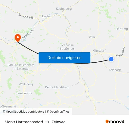 Markt Hartmannsdorf to Zeltweg map
