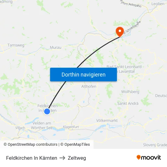 Feldkirchen In Kärnten to Zeltweg map