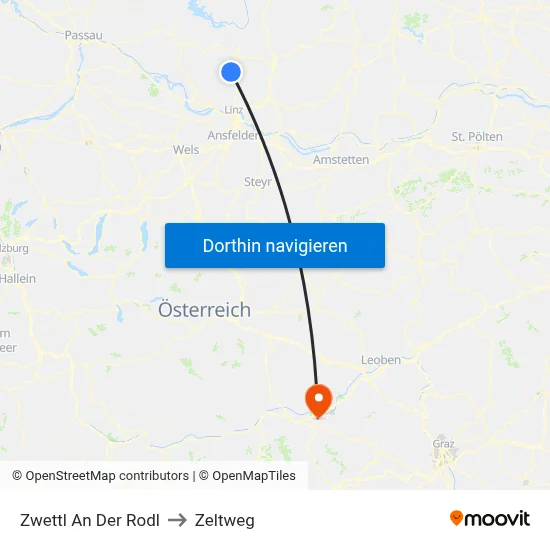 Zwettl An Der Rodl to Zeltweg map