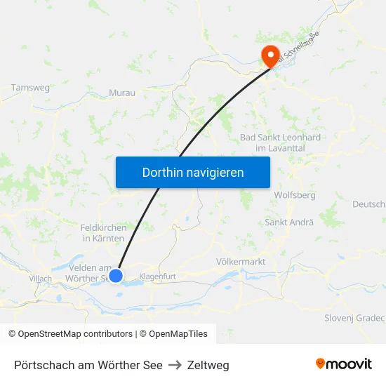 Pörtschach am Wörther See to Zeltweg map