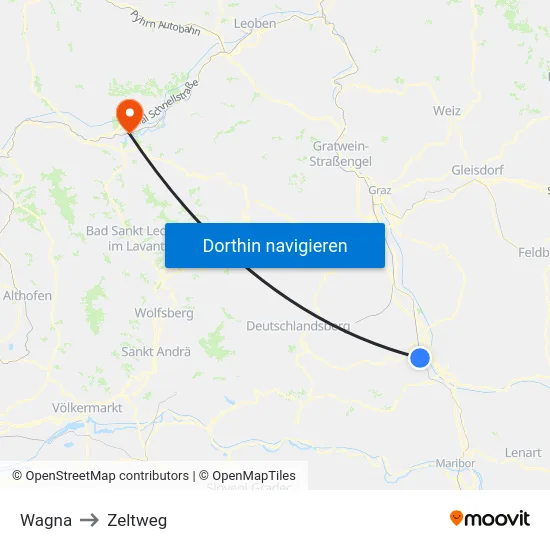 Wagna to Zeltweg map