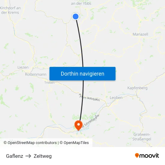Gaflenz to Zeltweg map