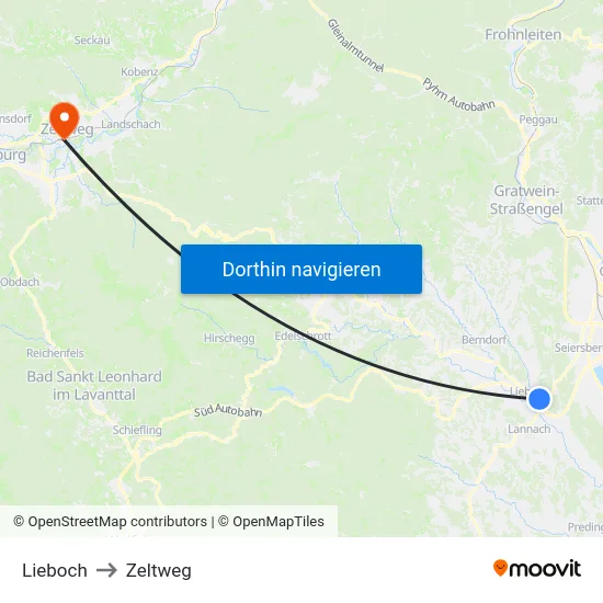 Lieboch to Zeltweg map