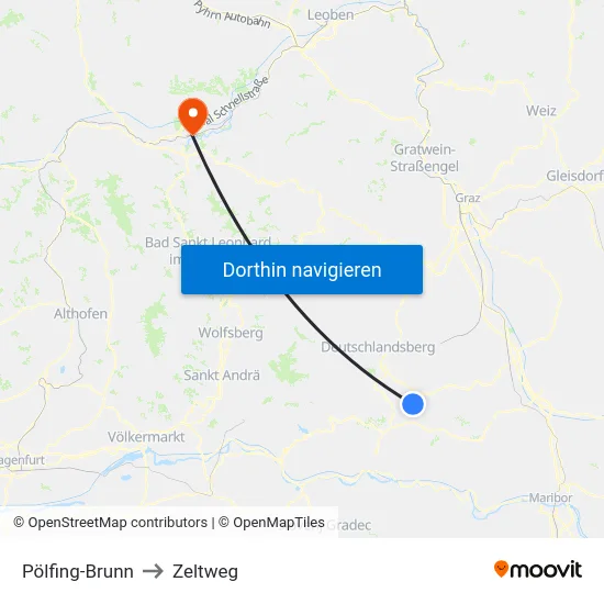 Pölfing-Brunn to Zeltweg map