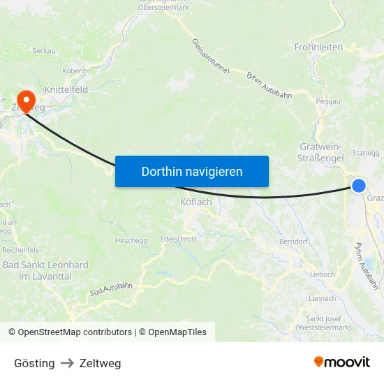 Gösting to Zeltweg map