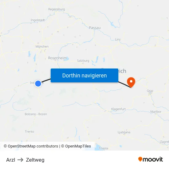 Arzl to Zeltweg map