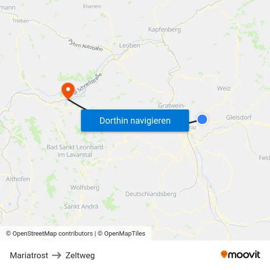 Mariatrost to Zeltweg map