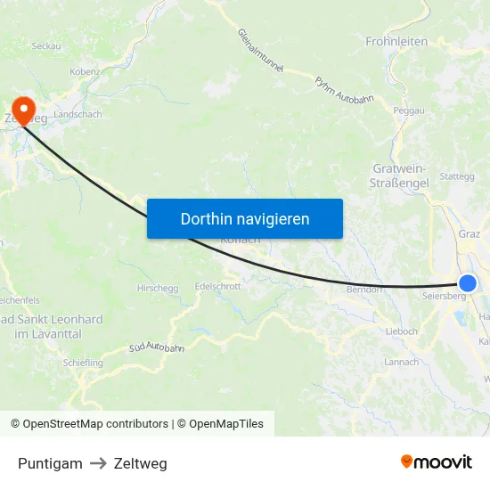 Puntigam to Zeltweg map