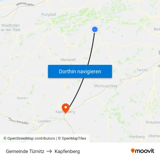 Gemeinde Türnitz to Kapfenberg map