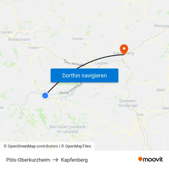 Pöls-Oberkurzheim to Kapfenberg map