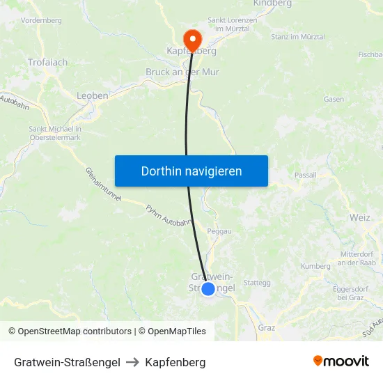 Gratwein-Straßengel to Kapfenberg map