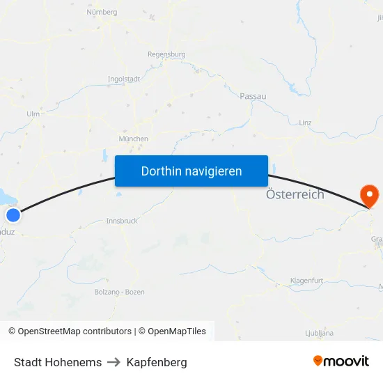 Stadt Hohenems to Kapfenberg map