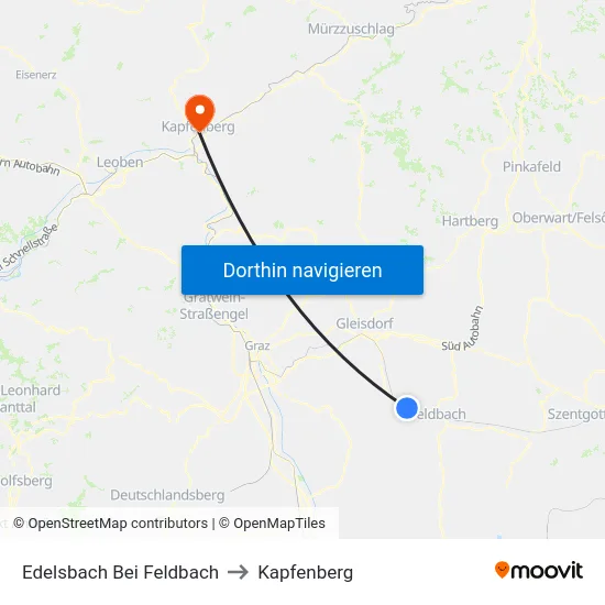 Edelsbach Bei Feldbach to Kapfenberg map