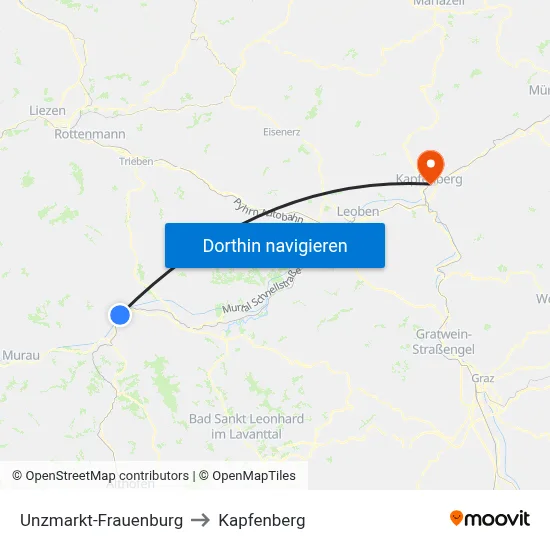 Unzmarkt-Frauenburg to Kapfenberg map