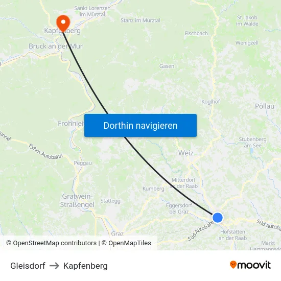 Gleisdorf to Kapfenberg map
