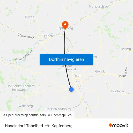 Haselsdorf-Tobelbad to Kapfenberg map
