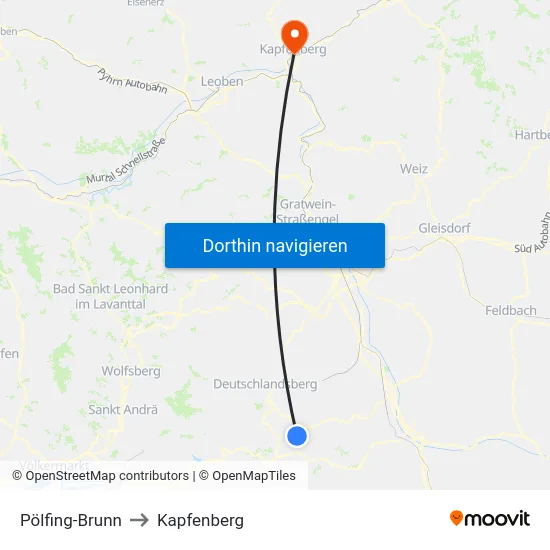 Pölfing-Brunn to Kapfenberg map