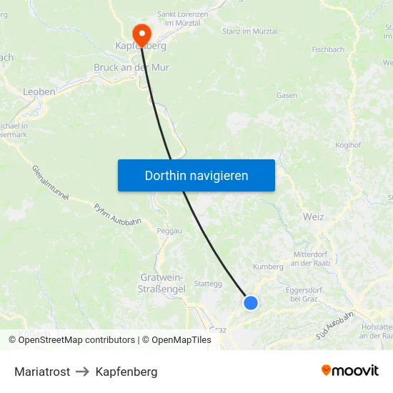 Mariatrost to Kapfenberg map