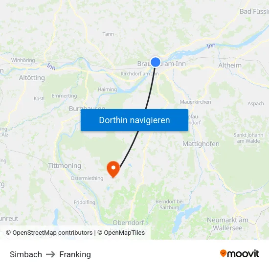 Simbach to Franking map