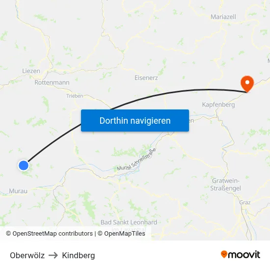Oberwölz to Kindberg map