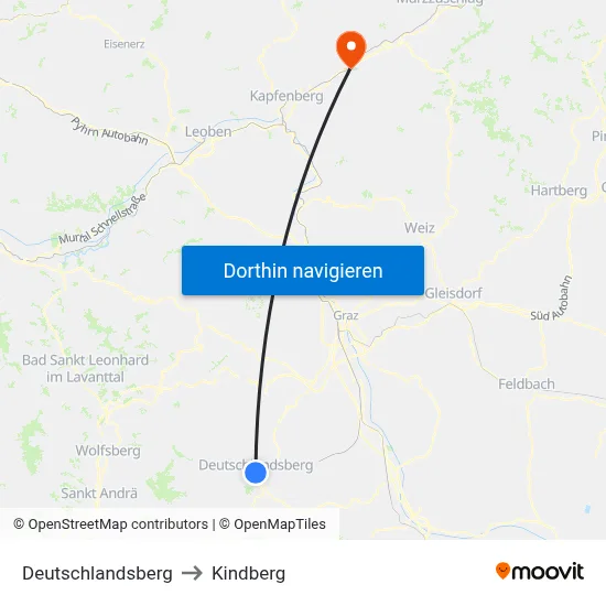 Deutschlandsberg to Kindberg map
