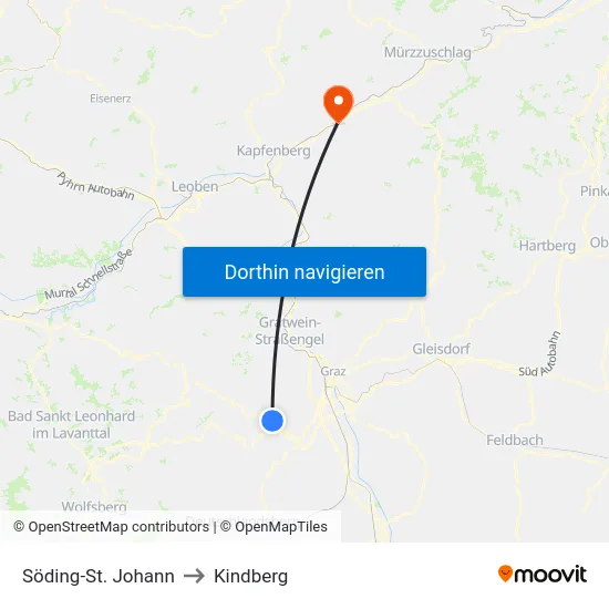 Söding-St. Johann to Kindberg map