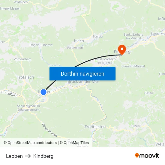 Leoben to Kindberg map