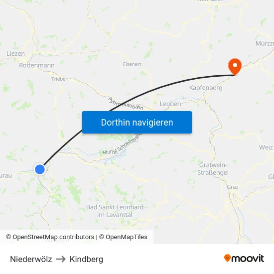 Niederwölz to Kindberg map