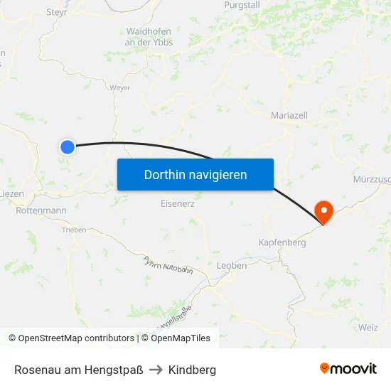 Rosenau am Hengstpaß to Kindberg map