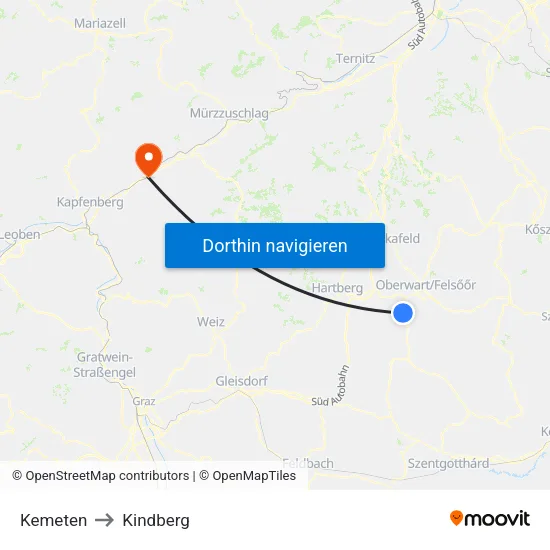 Kemeten to Kindberg map