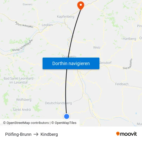 Pölfing-Brunn to Kindberg map