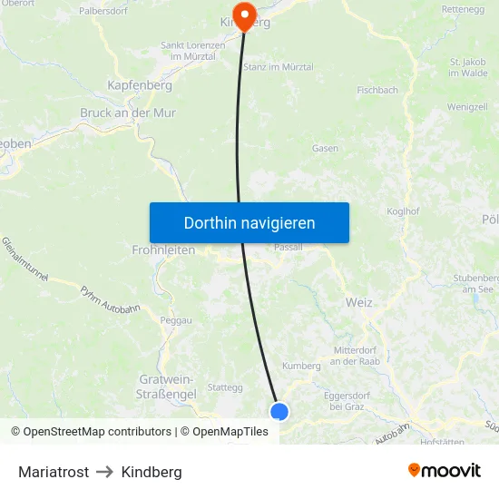 Mariatrost to Kindberg map