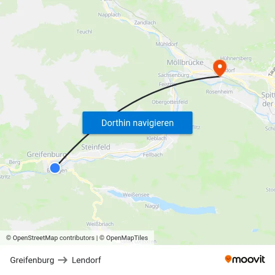 Greifenburg to Lendorf map