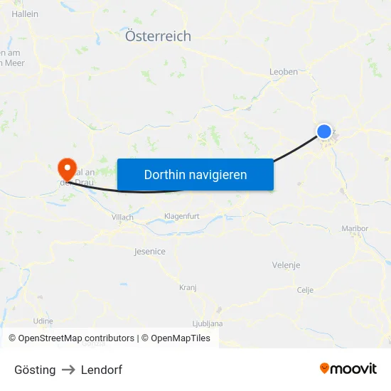 Gösting to Lendorf map