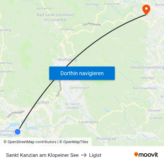 Sankt Kanzian am Klopeiner See to Ligist map