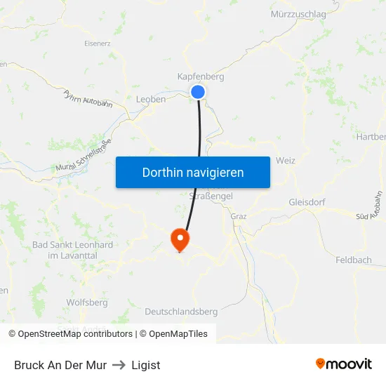 Bruck An Der Mur to Ligist map