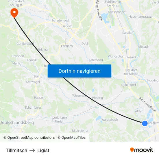 Tillmitsch to Ligist map