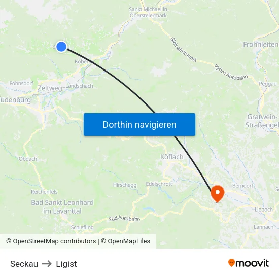 Seckau to Ligist map