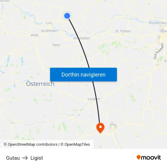 Gutau to Ligist map