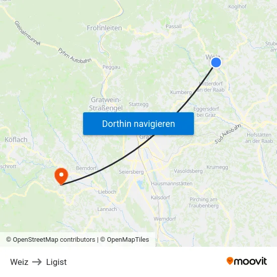 Weiz to Ligist map