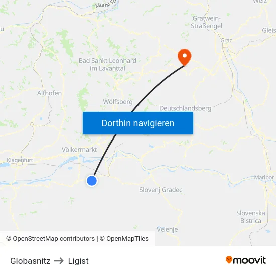 Globasnitz to Ligist map