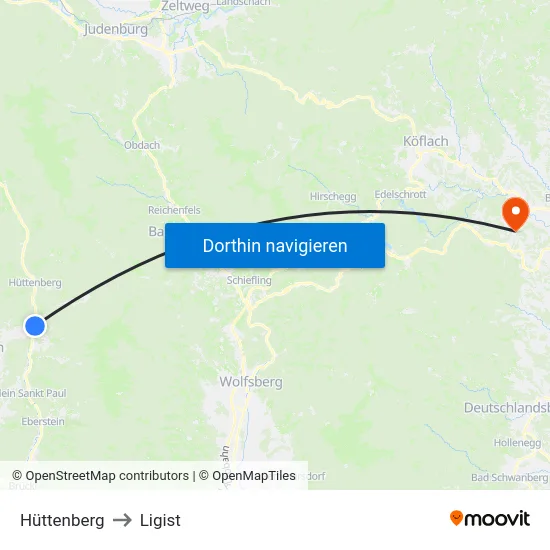 Hüttenberg to Ligist map