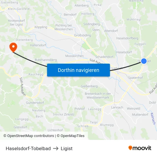 Haselsdorf-Tobelbad to Ligist map